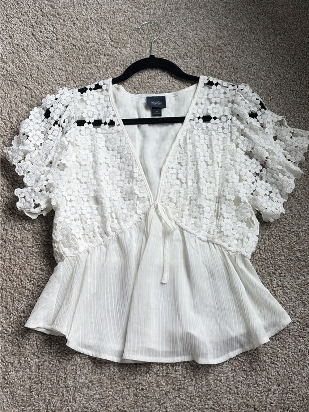 Daytrip White Crochet Lace Peplum Tie-Front Blouse